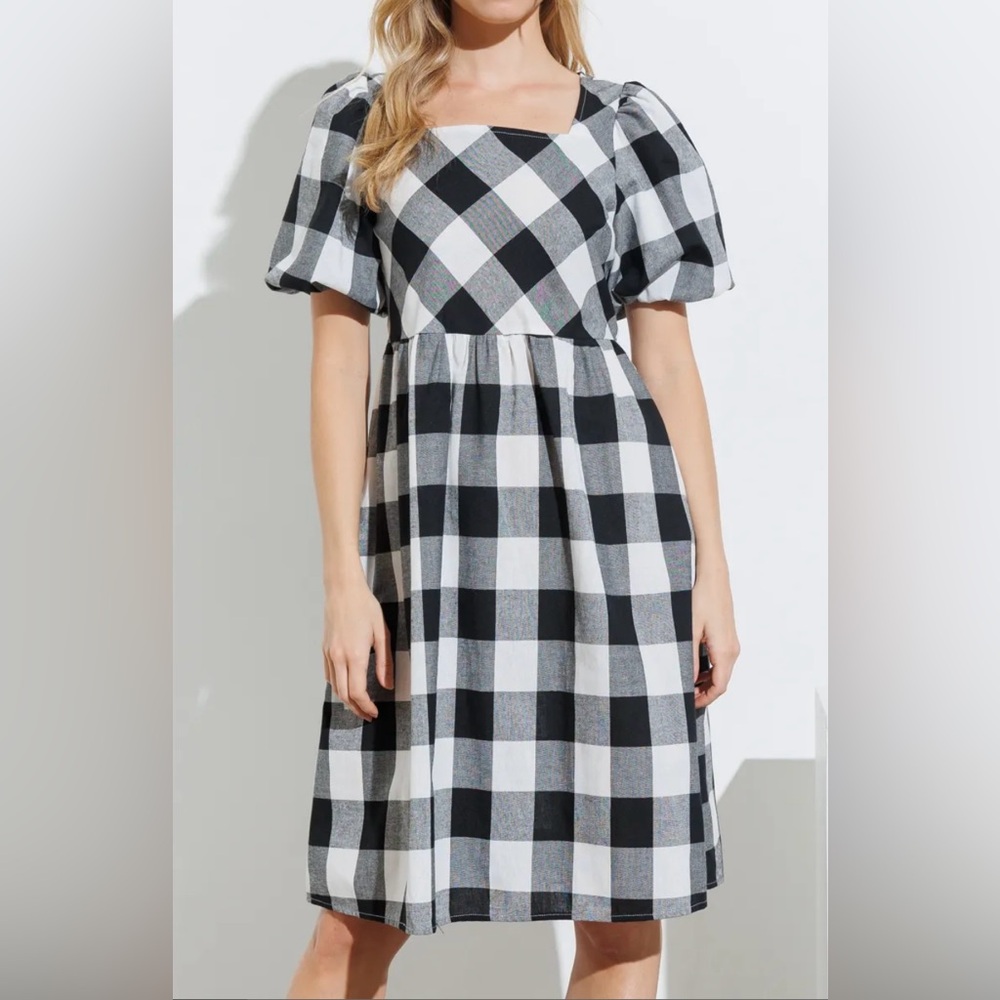 Polagram Cotton Puff Sleeve Square Neck Black/White Gingham Dress w/Pockets